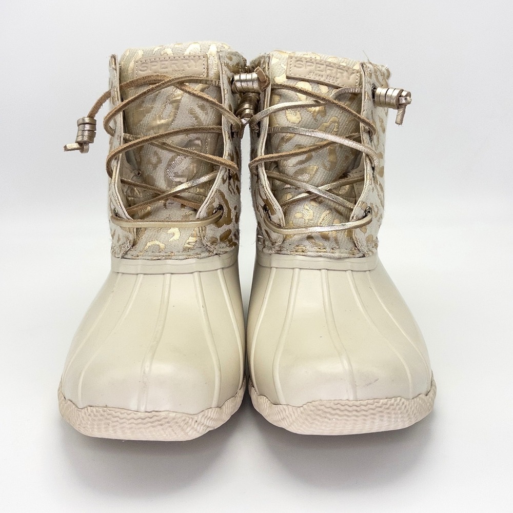 Sperry Saltwater Duck Boots Women's 8.5 Ivory Gold Metallic Leopard STS88315 - Picture 12 of 15